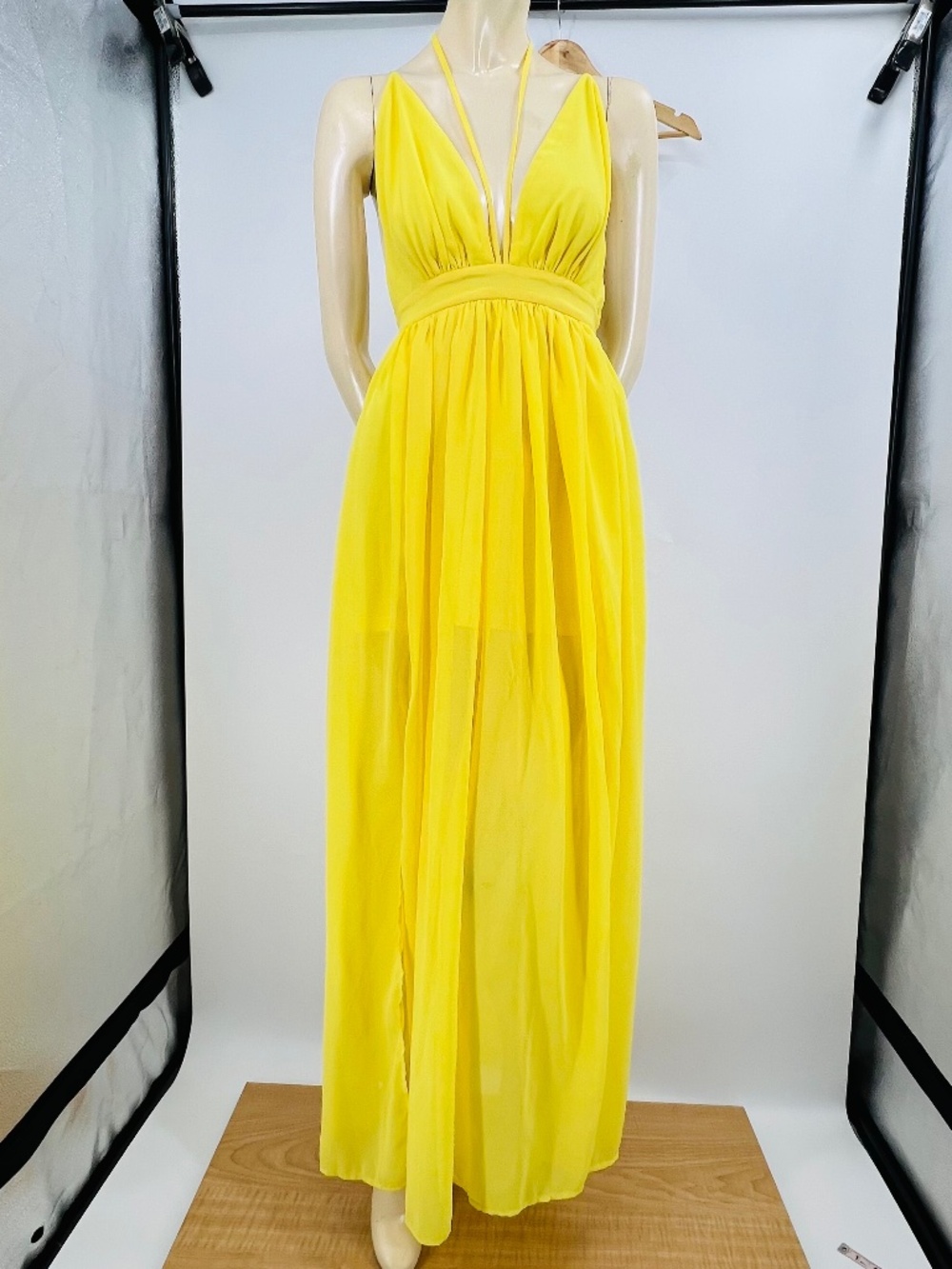 Papaya Chiffon Criss-Cross Strap Maxi Dress S Lemon Dual Front Slit Tropical